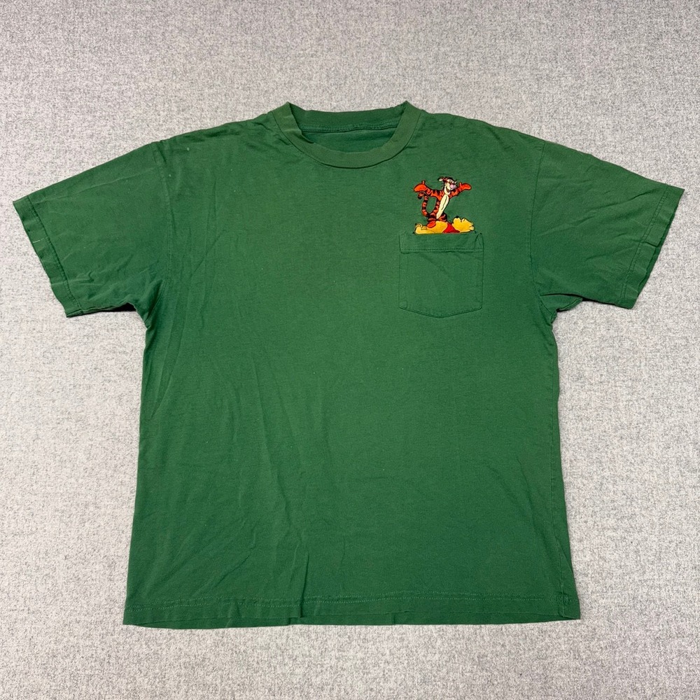 Disney | Tigger Pooh Embroidered Pocket T-Shirt | L | Green | Vintage Style Crew